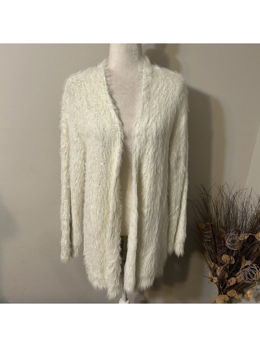 New Ruby Rd Cardigan Sweater Eyelash Fuzzy Cream Sequins Open Front Cozy Sz L